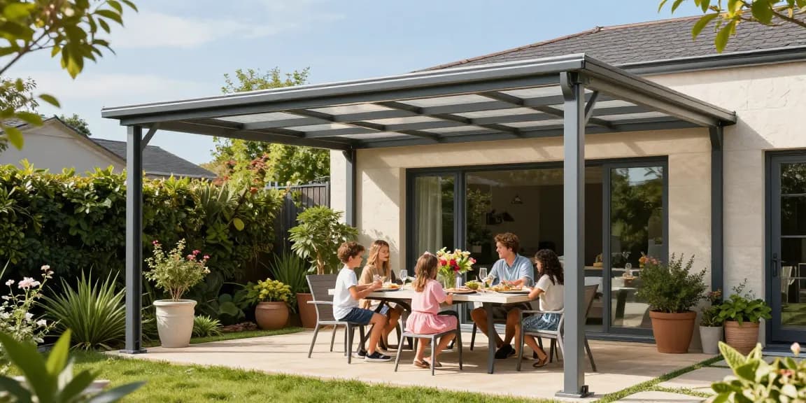 Familie genießt ihr Essen unter einer modernen Terrassenüberdachung im Garten.