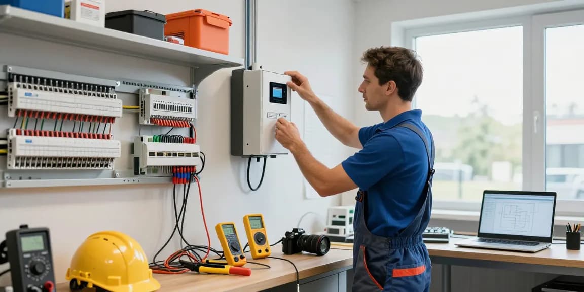 Professioneller Elektriker in Dortmund, der moderne Smart-Home-Technologie anpasst.