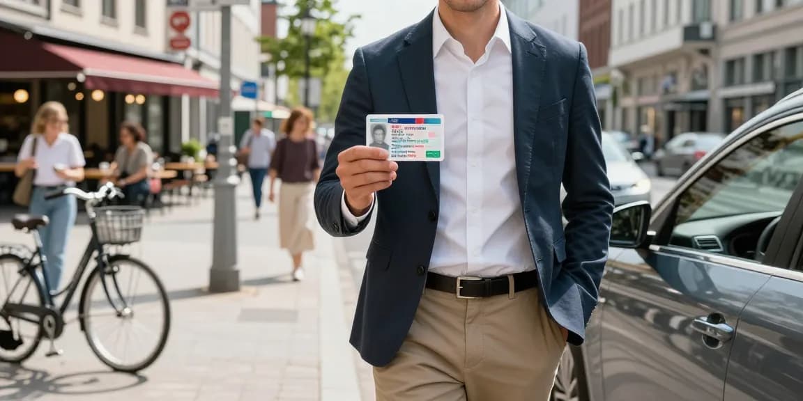 Kauf eines deutschen Führerscheins online in urbaner Umgebung, zeigt eine selbstbewusste Person mit einem Führerschein neben einem eleganten Auto.