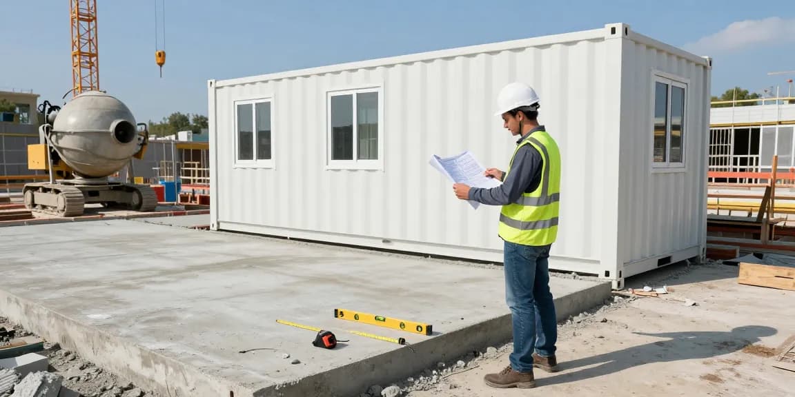 Bürocontainer Fundament kaufen: Bauleiter inspiziert frisches Betonfundament auf Baustelle