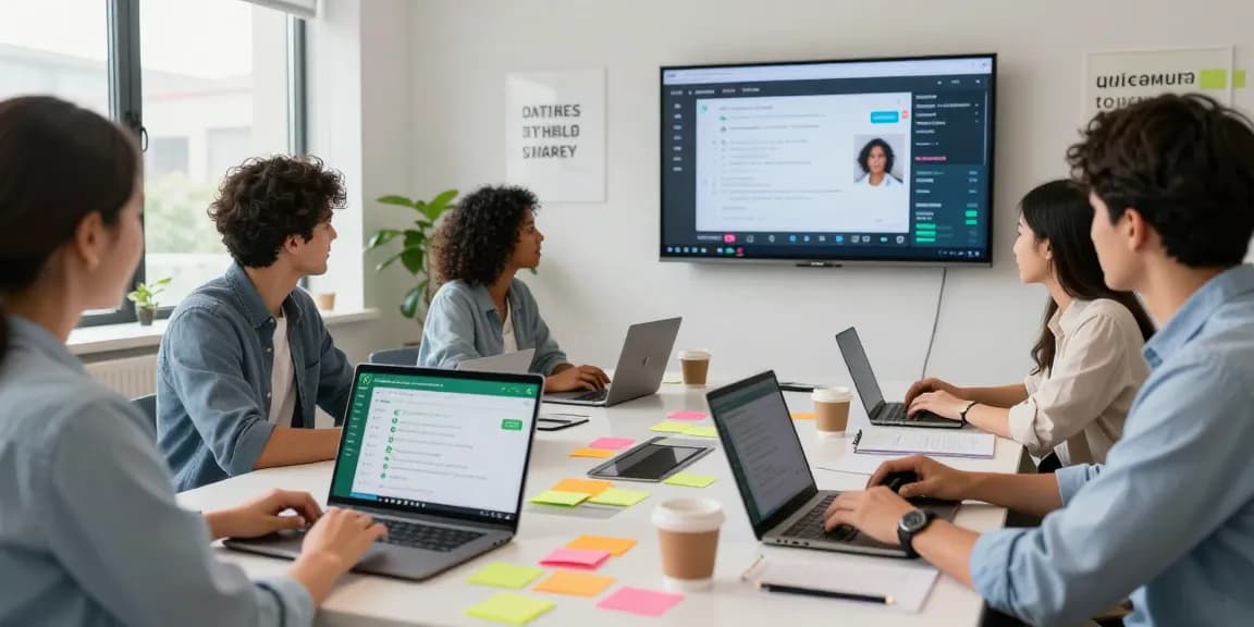 Team collaborating using WhatsApp網頁版 in a modern office workspace, showcasing technology and communication.