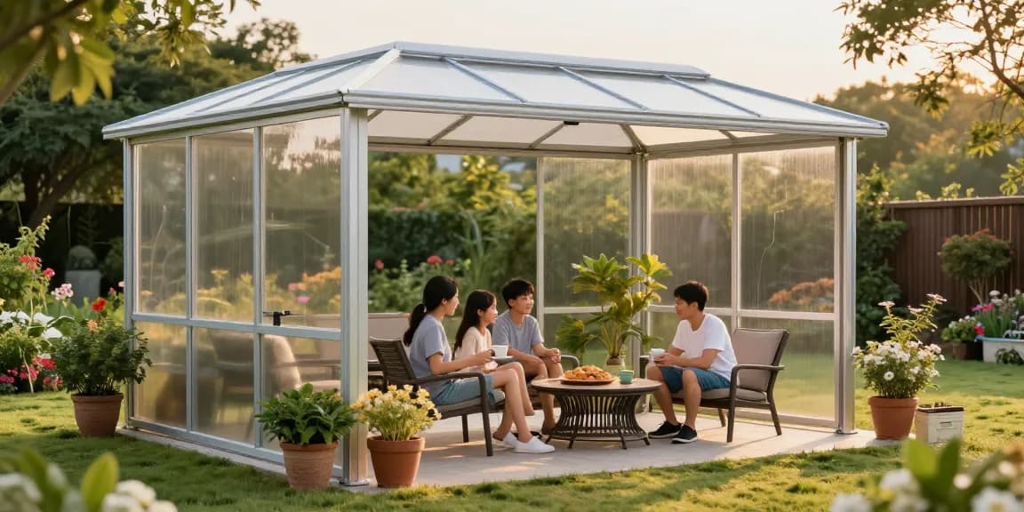 Terrassenüberdachung freistehend aus Aluminium im Garten mit Familie, warmes Licht