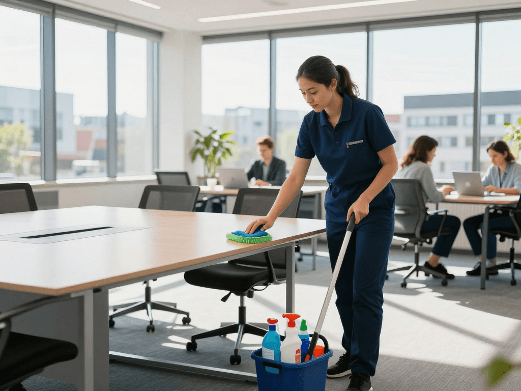 Büroreinigung Göttingen - Professionelle Reinigungskraft bei der Reinigung eines Konferenztisches in einem modernen Büro mit natürlichem Licht.