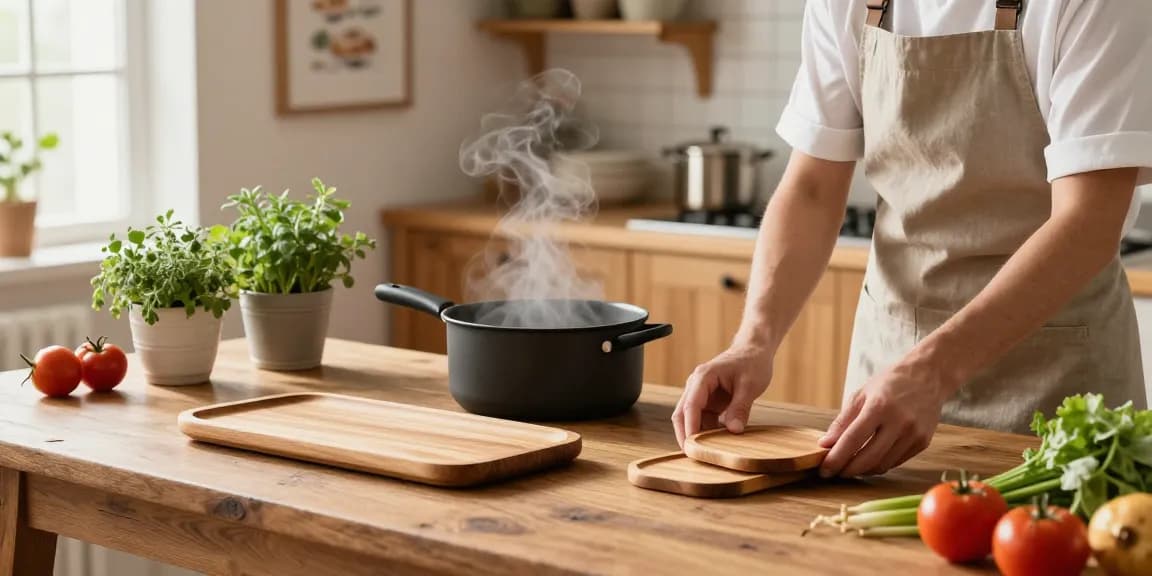 Umweltfreundliche Topfuntersetzer aus Holz in einer rustikalen Küche, die Topfuntersetzer aus Holz für funktionale Dekoration präsentieren.