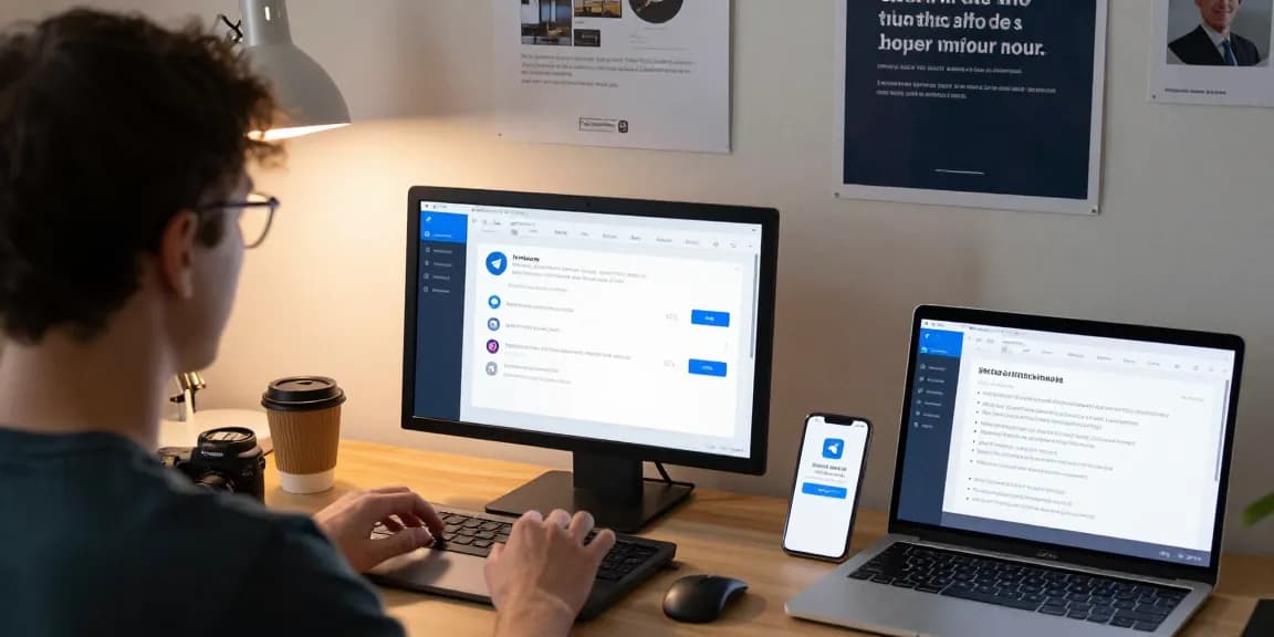 Configuring Telegram Chinese language settings on a tech workspace desk with resources and devices.