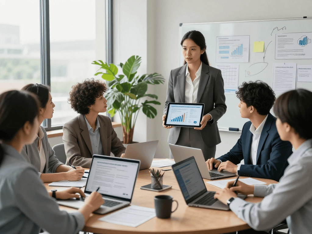 Branchenlösungen – Übersicht in a consulting meeting showcasing data protection and accessibility strategies.
