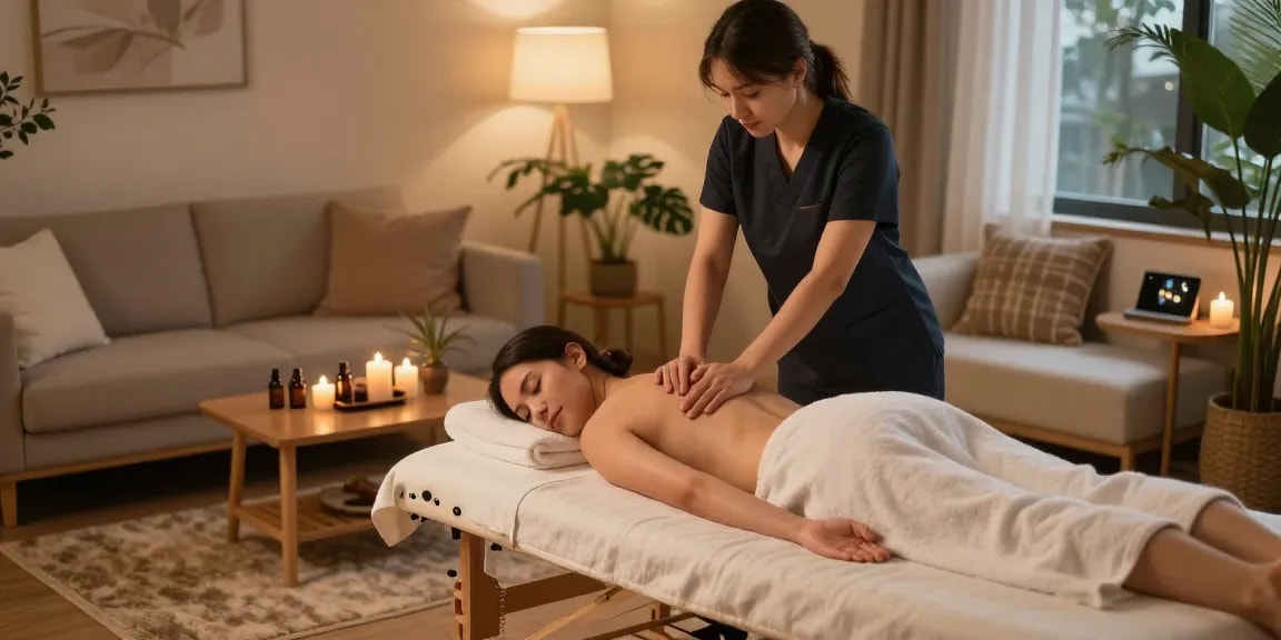 Swedish massage experience at home with a professional therapist providing soothing care, peaceful and calming ambiance.