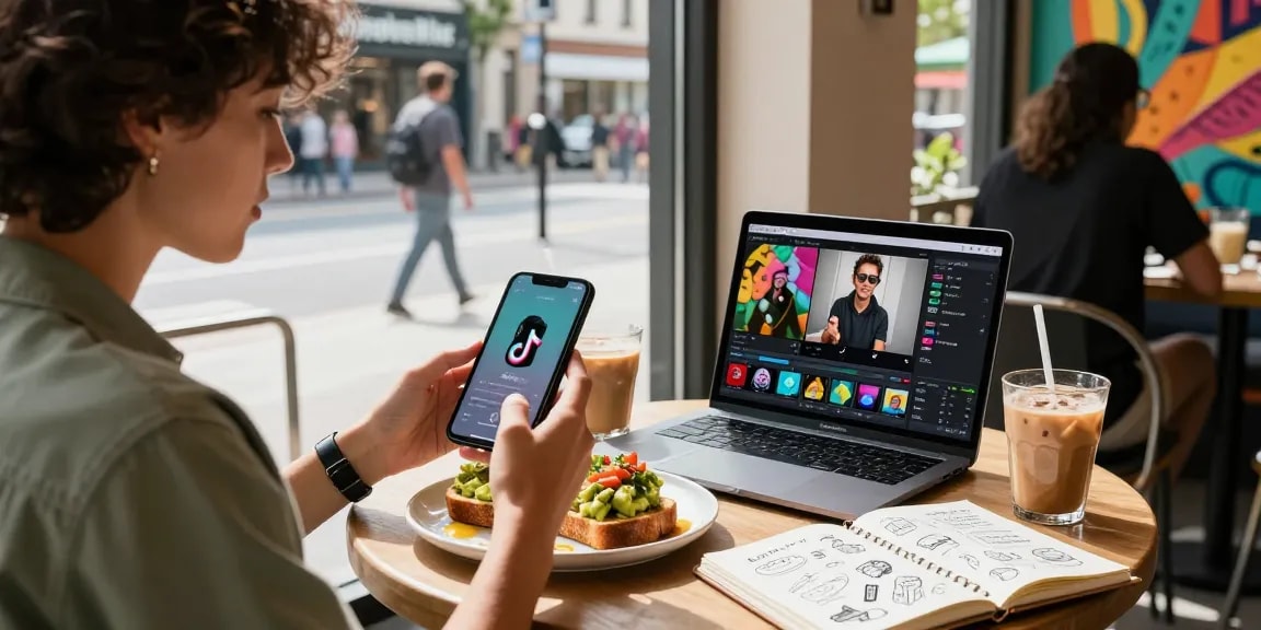 TikTok Follower kaufen – Influencer in modernem Café bei der Erstellung spannender Inhalte.