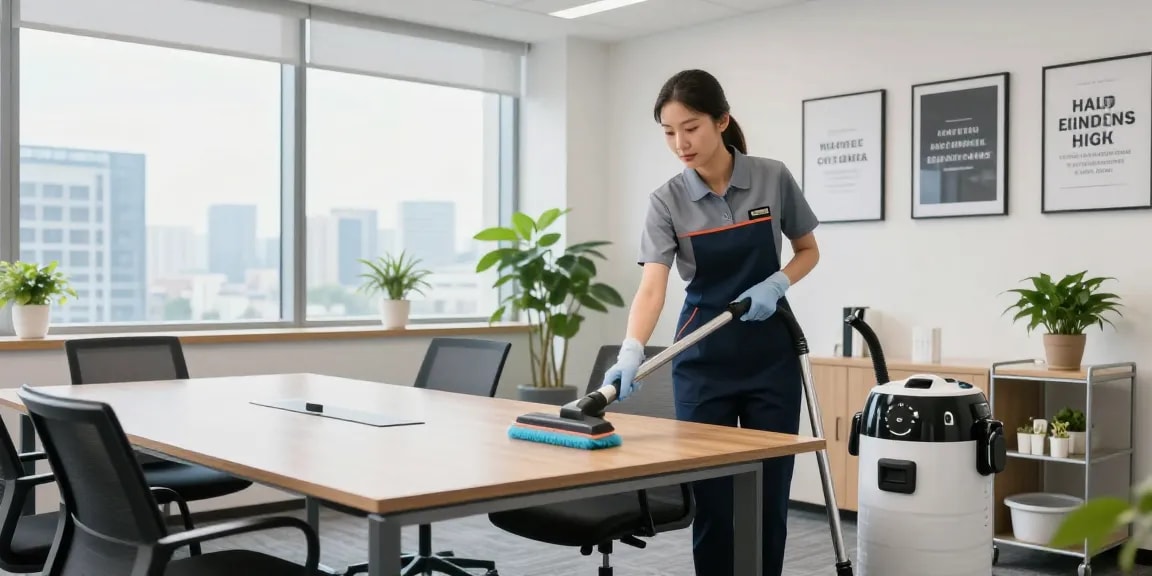 Büroreinigung Göttingen: Professioneller Reiniger bei der gründlichen Reinigung eines modernen Konferenzraums mit technischer Ausrüstung und Tageslicht.