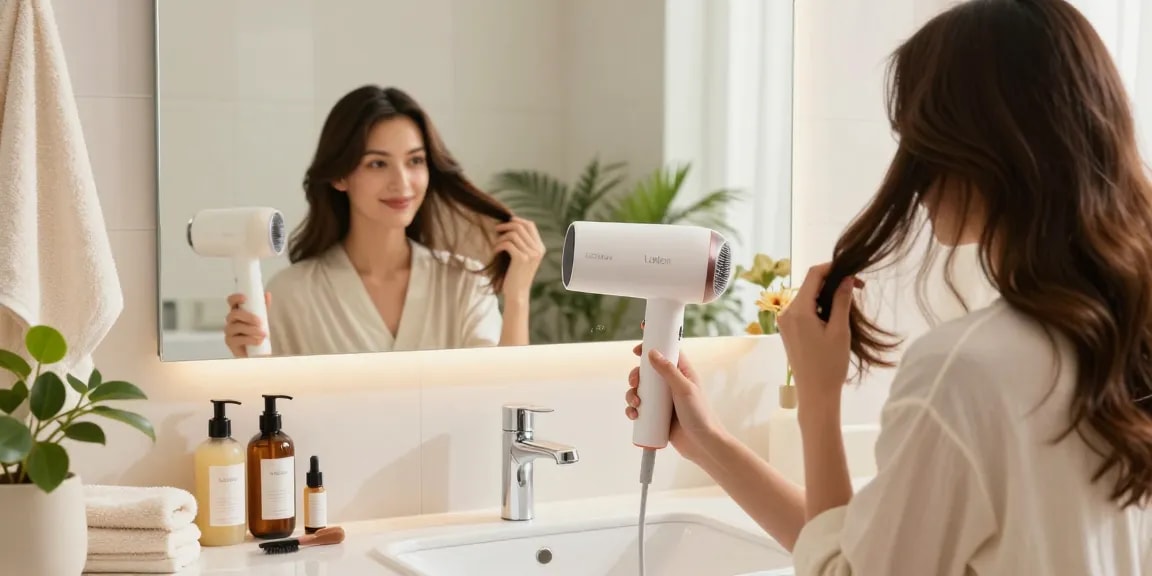 Laifen-Föhn in Benutzung für eine glänzende Frisur in modernem Badezimmer.