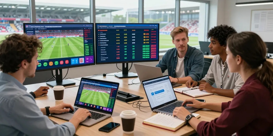 Fussball Wetten Vergleich: Sportanalysten vergleichen Quoten und Statistiken in einem modernen Büro.
