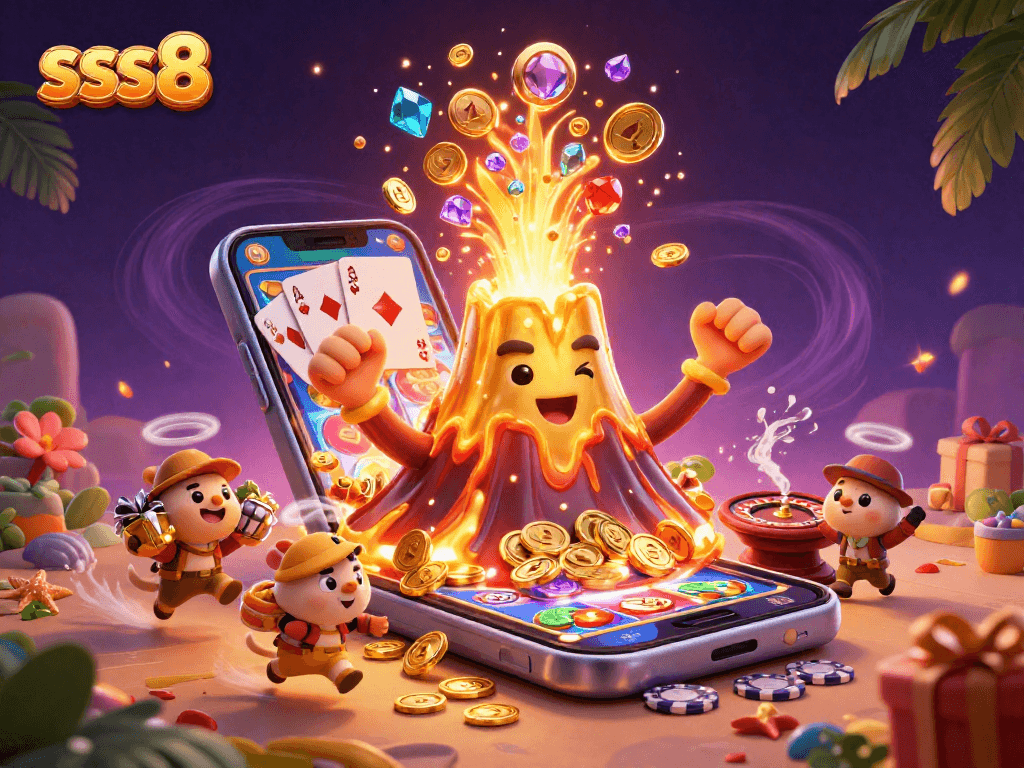 Experience the thrill of sss8 with a dynamic scene of a golden volcano erupting treasure amidst casino elements.