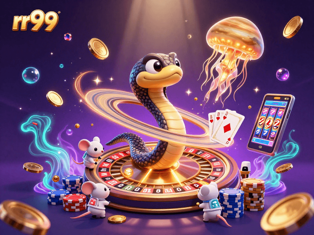 Spin the roulette wheel at rr99 with astronaut mice betting in a vibrant cosmic casino.
