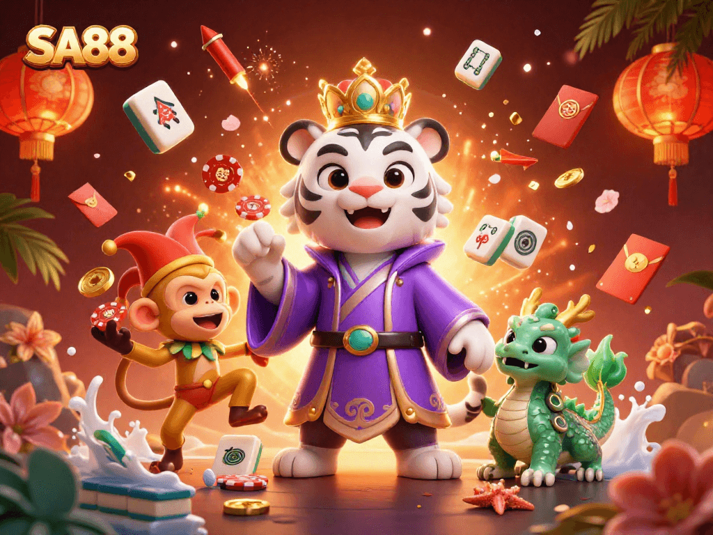 Engaging slot games at SA88 with a cartoon tiger and playful monkey celebrating wins.