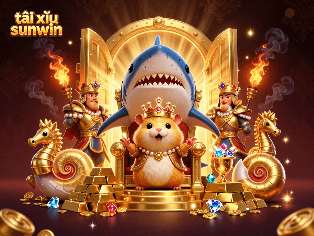 Engage in tài xỉu sunwin with a golden hamster king ruling over treasure in a vibrant casino scene.