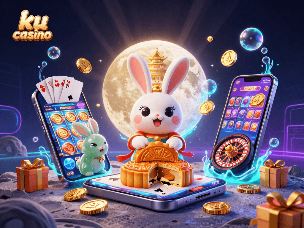 Join the excitement at ku casino with a lively moon rabbit scene revealing poker chips and colorful slot games!