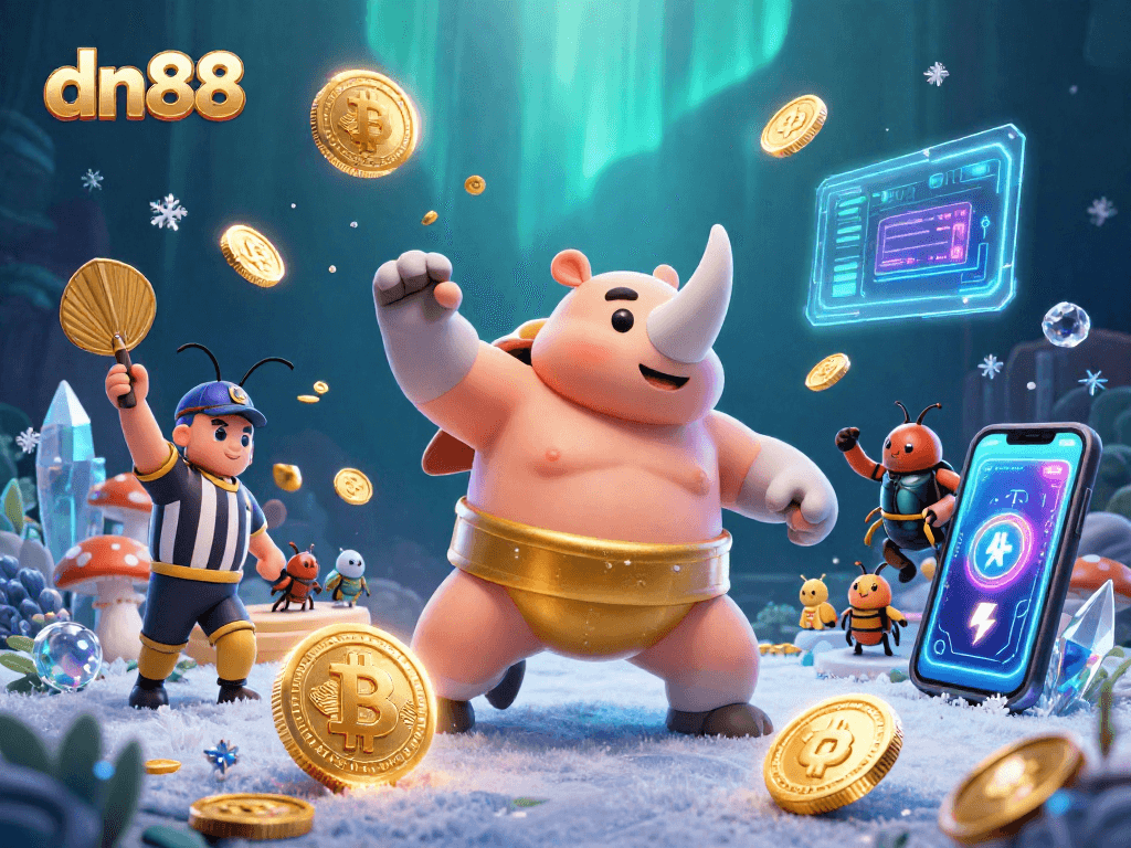 Experience the thrilling adventure of dn88 as cartoon beetle champions battle for riches amidst golden coins and crypto elements.