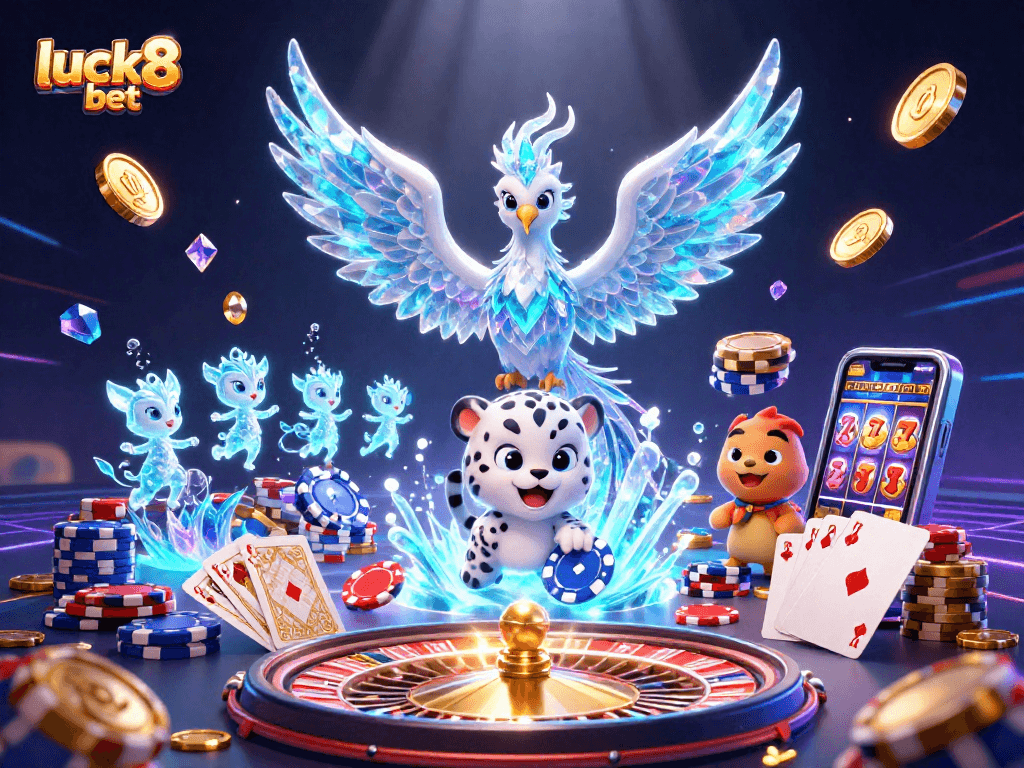 Engage in thrilling adventure with luck8 bet as vibrant characters and casino elements illuminate the scene.