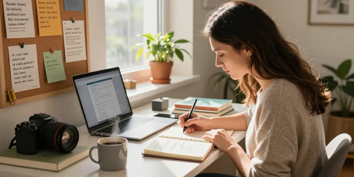 Junge Frau mit Erfolgsjournal, motivierendem Arbeitsumfeld und warmem Licht.
