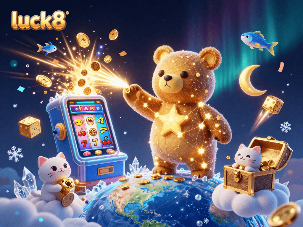 Engage with luck8's animated casino world in a sparkling illustration of winning jackpots.