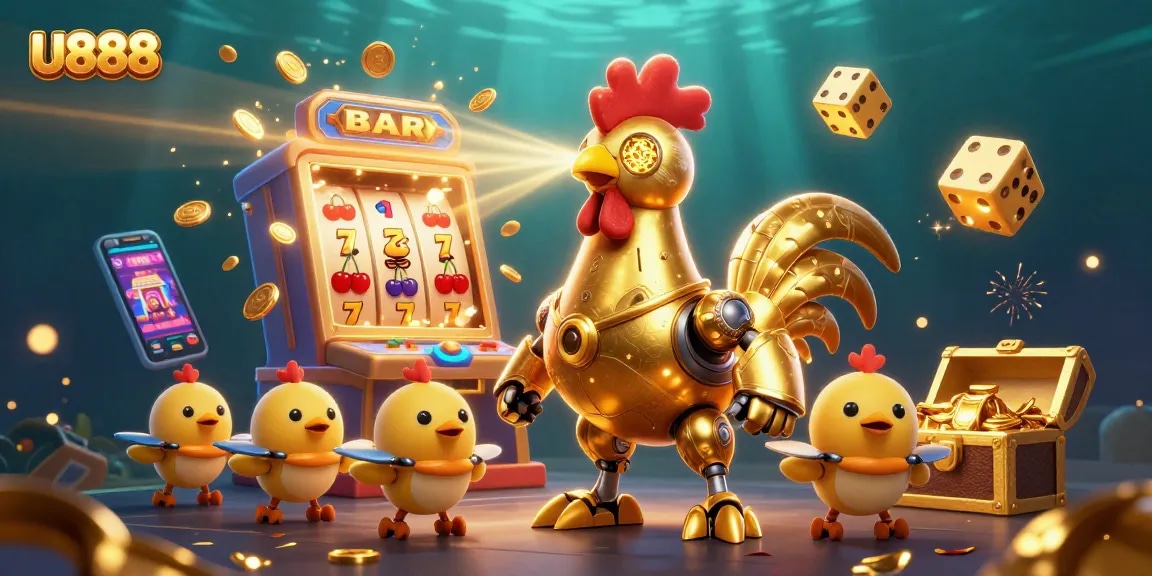Experience the thrill of U888 with golden patterns, jackpot slots, and vibrant casino elements.