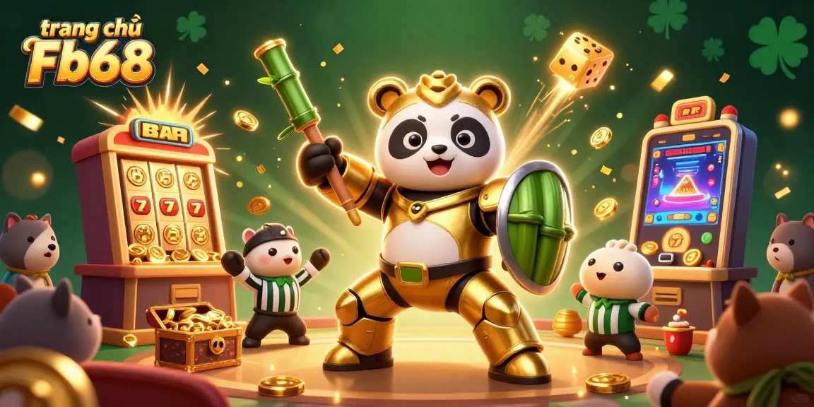 Experience the excitement on trang chủ Fb68 with this vibrant 3D illustration showcasing a mech-suit panda in a dynamic casino scene.