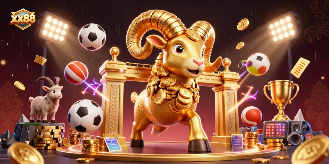 Experience the thrill of xx88 with 3D animated golden ram charging past gold coins and sports action.