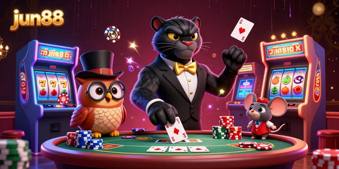 Experience the excitement of jun88 as the stylish black panther deals cards among bright casino elements.