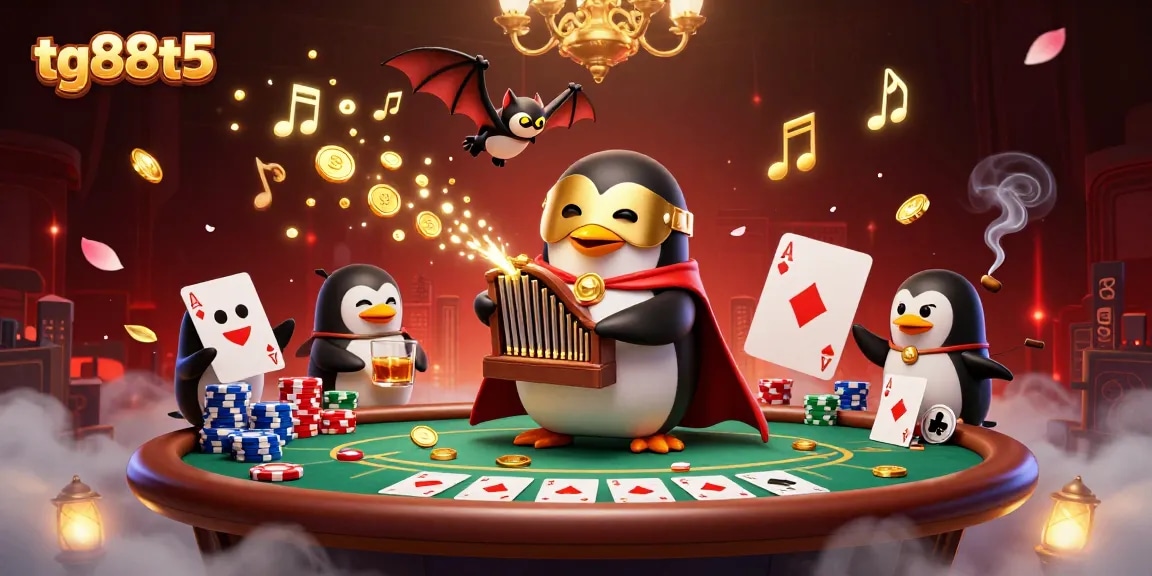 Experience thrilling gaming at tg88t5 with a vivid scene of a phantom penguin amidst golden coins and poker excitement.