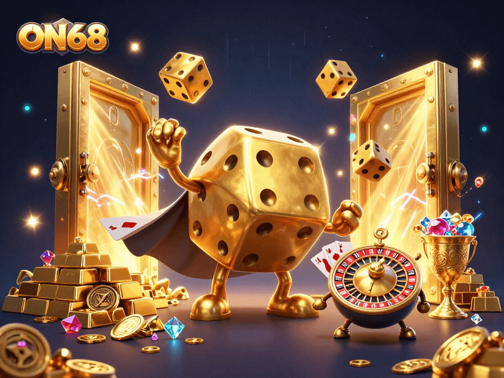 ExperienceON68’s thrill and excitement with golden dice golems and treasure in a vibrant casino scene.