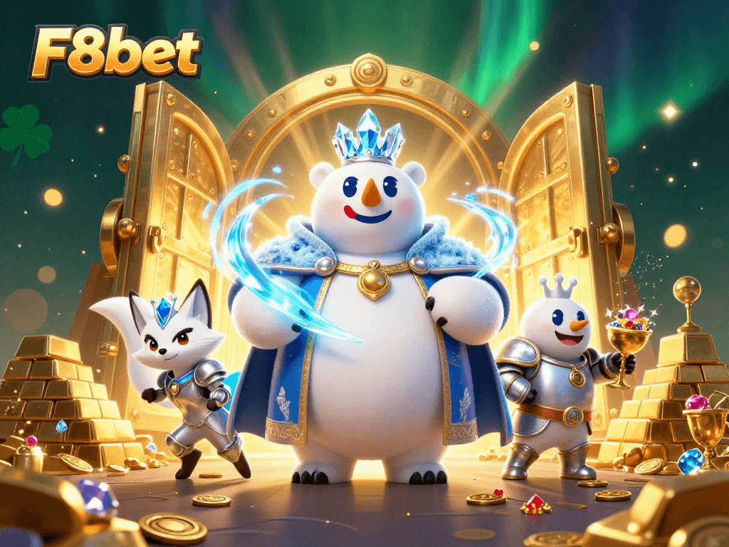 F8bet features a polar bear and snow fox amidst online gaming treasures, creating excitement and allure.