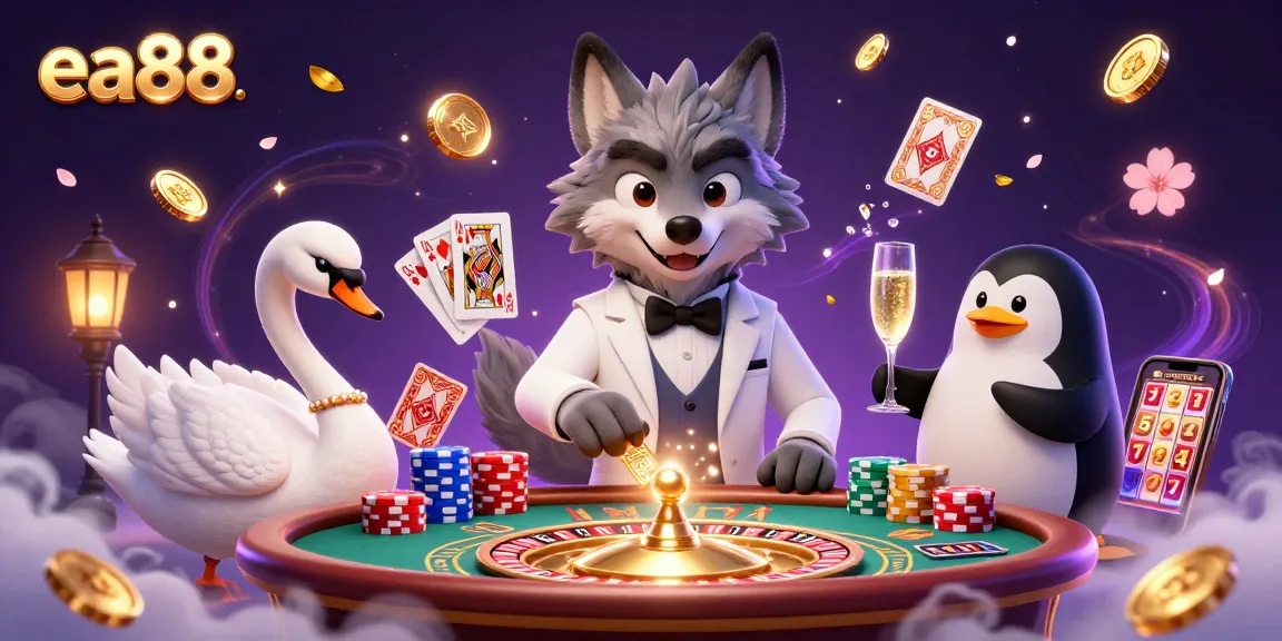 ea88 showcases a vibrant casino scene with a debonair wolf, elegant swan, and refined penguin amidst cascading golden coins and dynamic gaming elements.