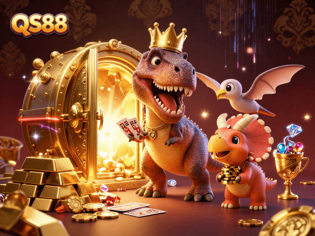 Experience the excitement of QS88 with a fun dinosaur-themed casino adventure packed with treasures!