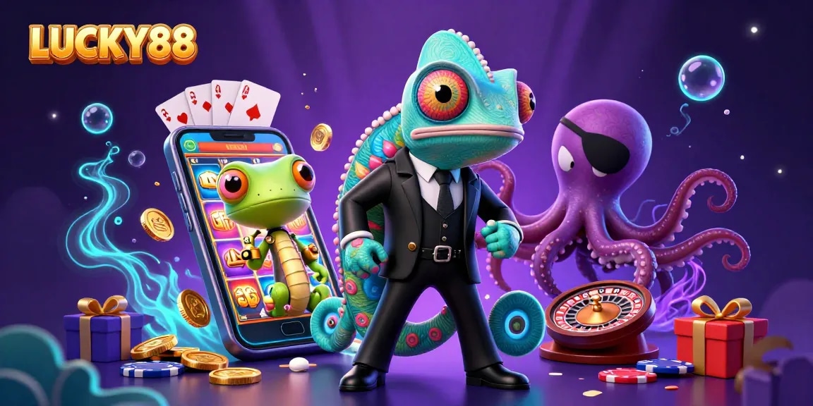 LUCKY88 chameleon character spins vibrant slots in an energetic casino scene with dazzling effects.