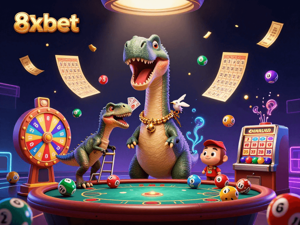 Experience the vibrant gaming world of 8xbet with a playful scene full of colorful lottery elements and animated characters.