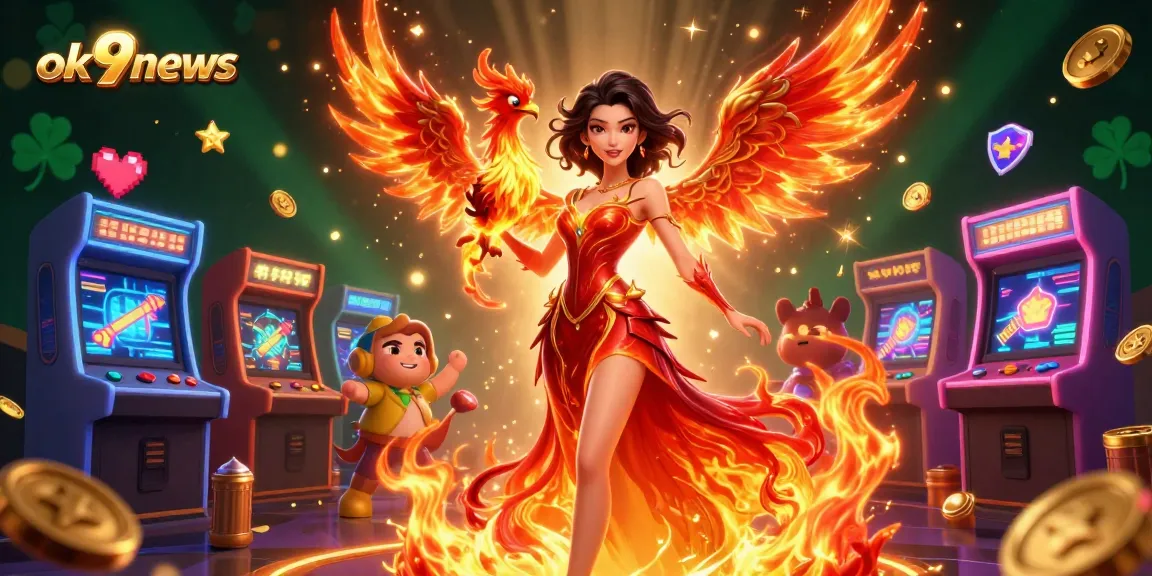 Join the excitement at ok9news with vibrant gaming elements and a stunning phoenix companion lighting the way.