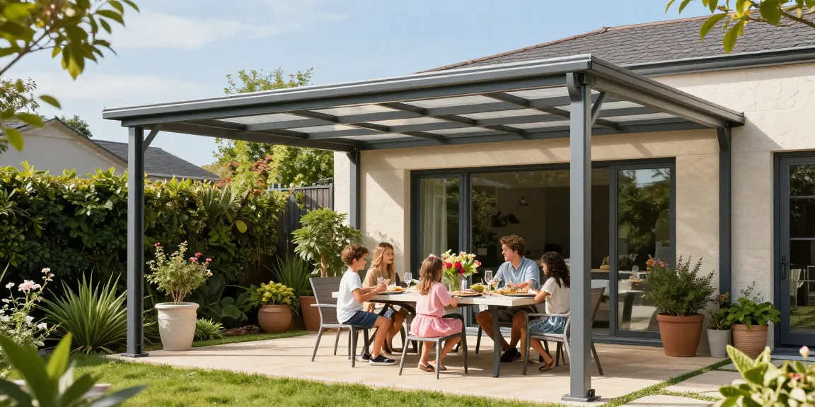 Familie genießt ihr Essen unter einer modernen Terrassenüberdachung im Garten.