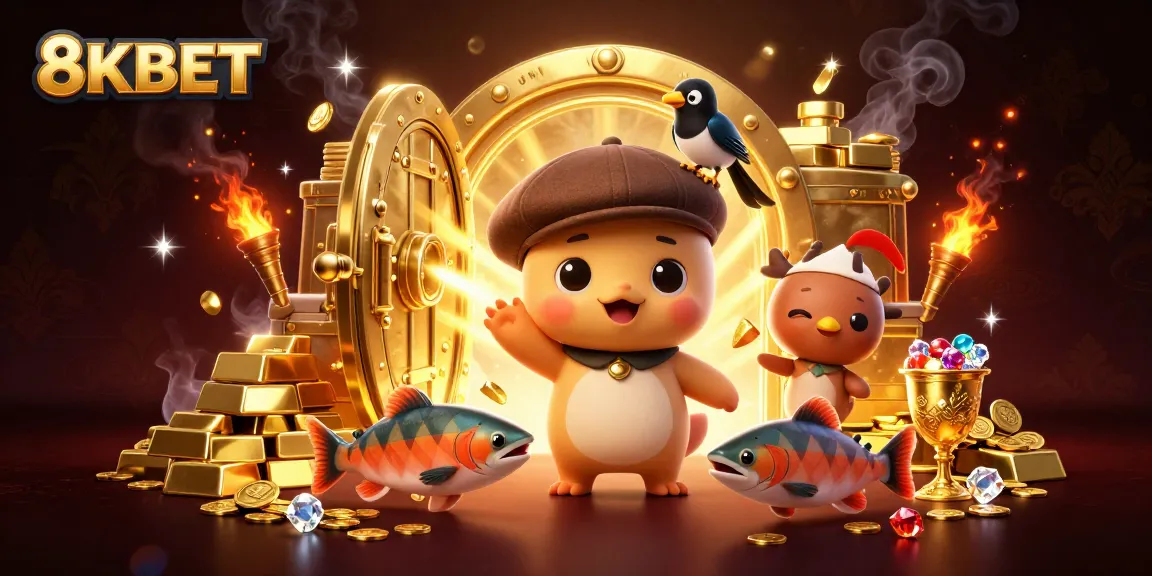Experience thrilling wins at 8KBET with vibrant gaming characters amidst treasure and excitement.