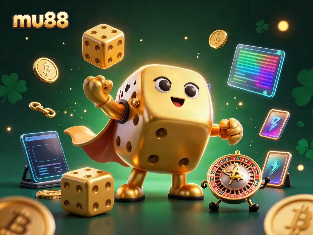 Join the fun at mu88 with a cartoon dice golem juggling golden dice and crypto coins.