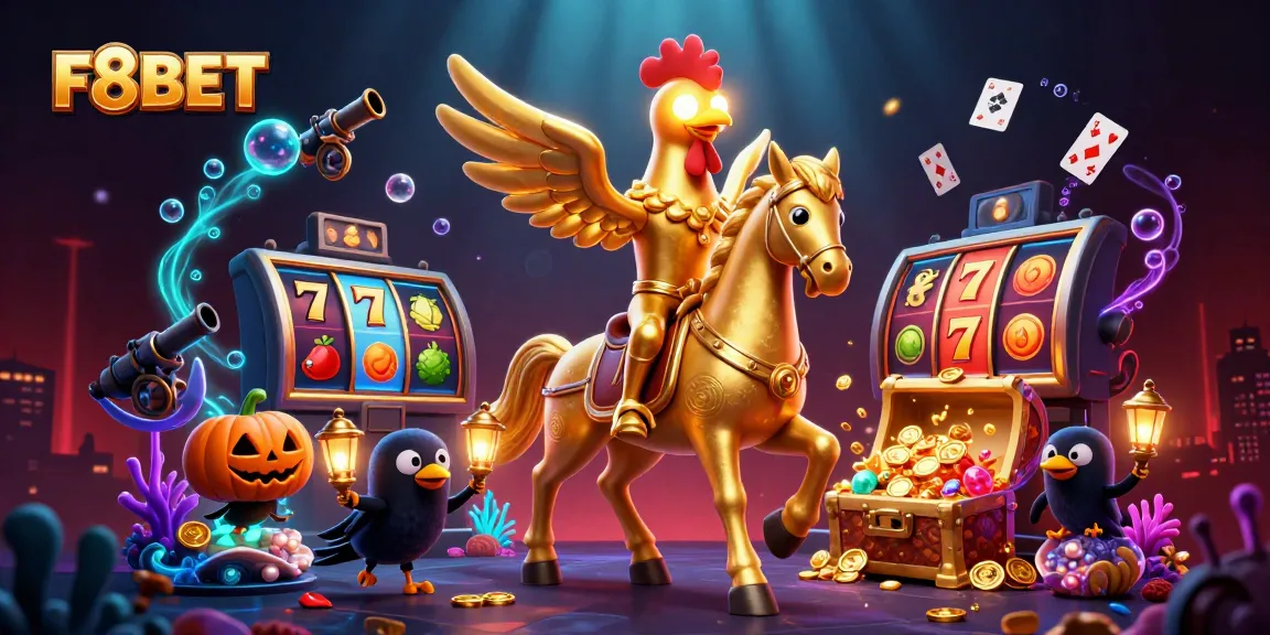 F8BET's thrilling casino experience showcased with captivating golden rooster characters and slot action.