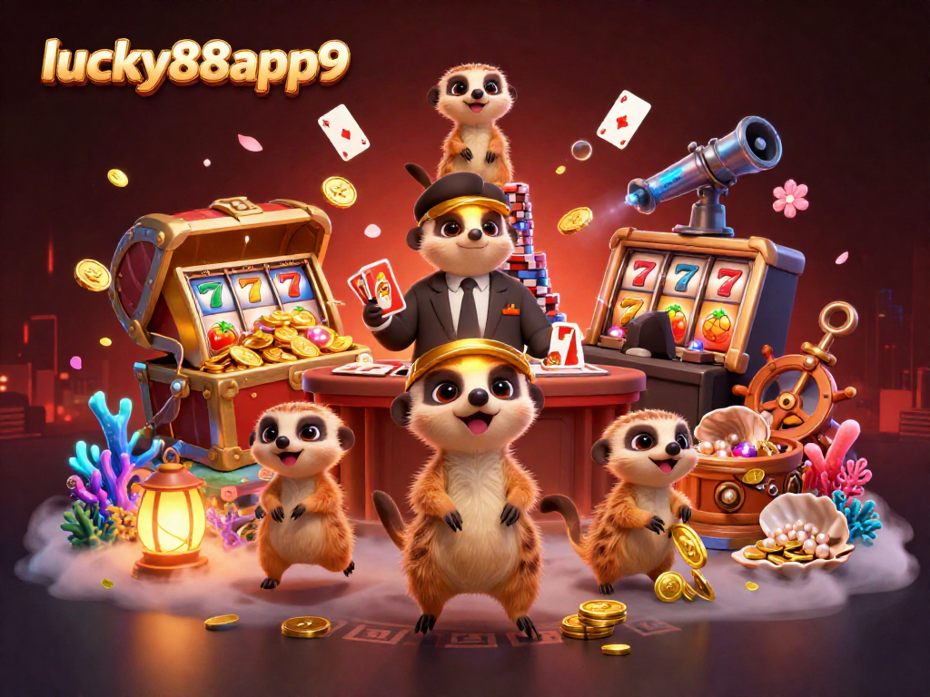 Exciting lucky88app9 casino scene with meerkats, slot reels, and treasure elements in 3D