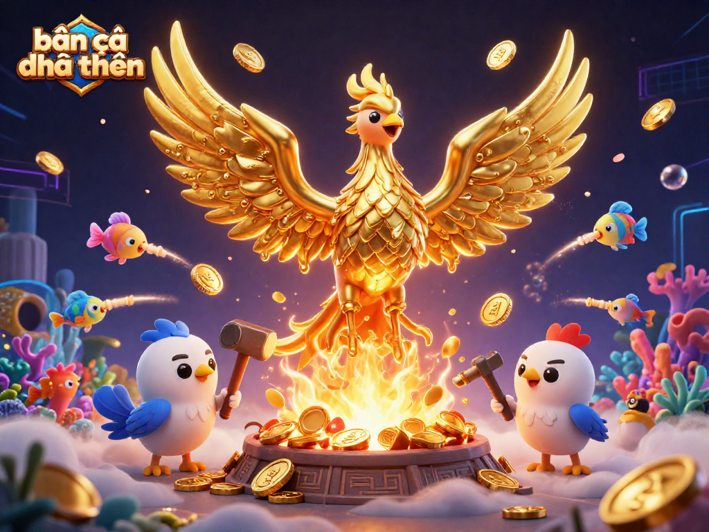 Engage in bắn cá đổi thưởng with a thrilling 3D scene of a molten phoenix, gold coins, and sea creatures.