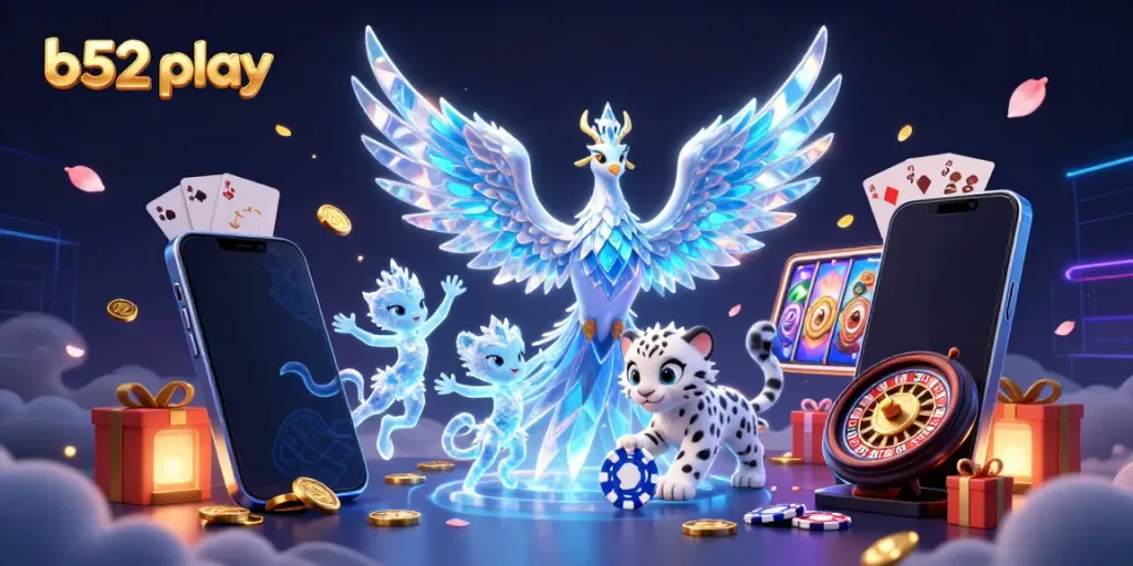 Experience the thrill of b52 play with an ice phoenix and a playful snow leopard in a vibrant casino scene.
