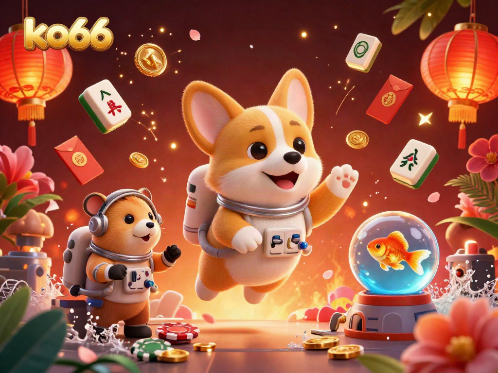 Experience the excitement of ko66 with a vibrant illustration featuring a floating corgi in a space casino.