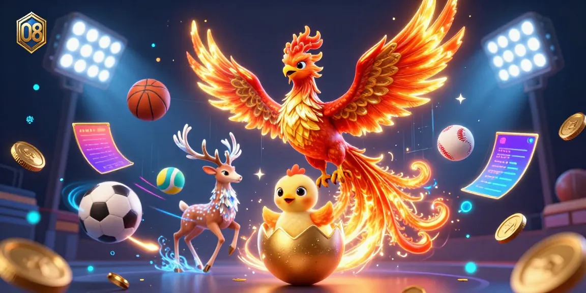Engage in thrilling sports betting with O8's dynamic phoenix and vibrant gaming elements.