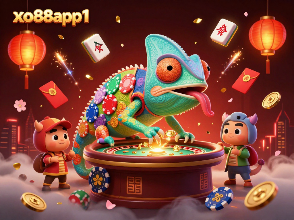 Experience the vibrant casino world with xo88app1's colorful chameleon owner and festive gaming elements.