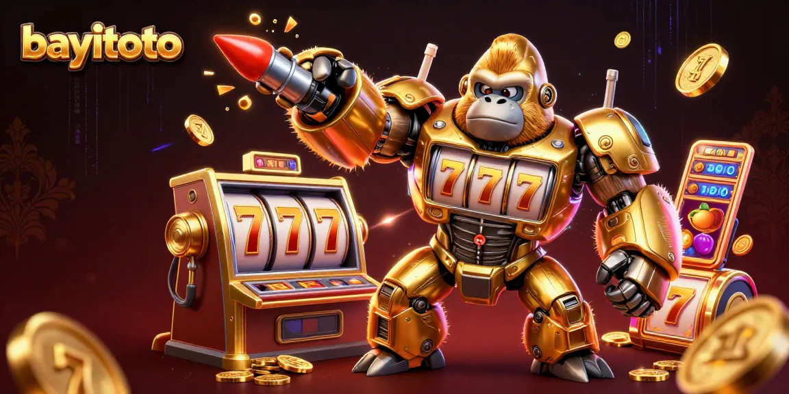 Experience the thrill at bayitoto with a vibrant golden gorilla mech surrounded by slot reels and coins.