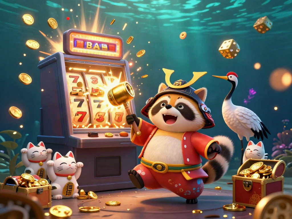 Experience the vibrant excitement of mu88betasia with a dynamic casino scene featuring a cheerful tanuki, golden mallet, and fortune cats.