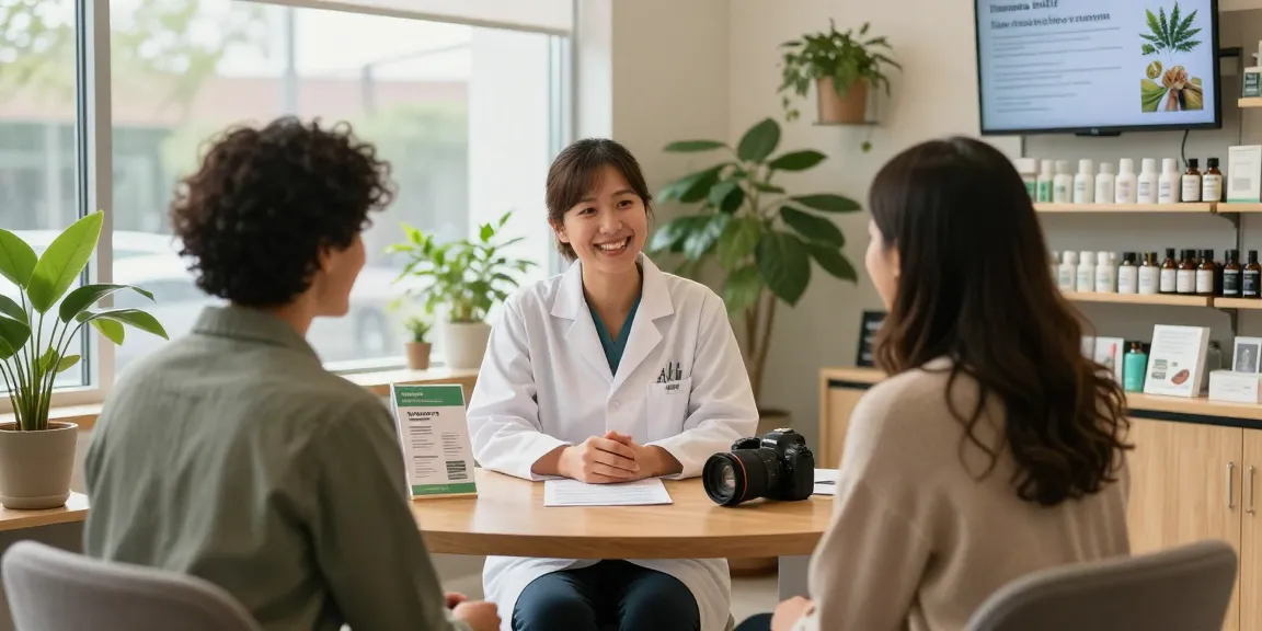 Beratung in einer guten Online-Cannabis-Apotheke, freundlicher Apotheker unterstützt neue Patienten in einer einladenden Umgebung.