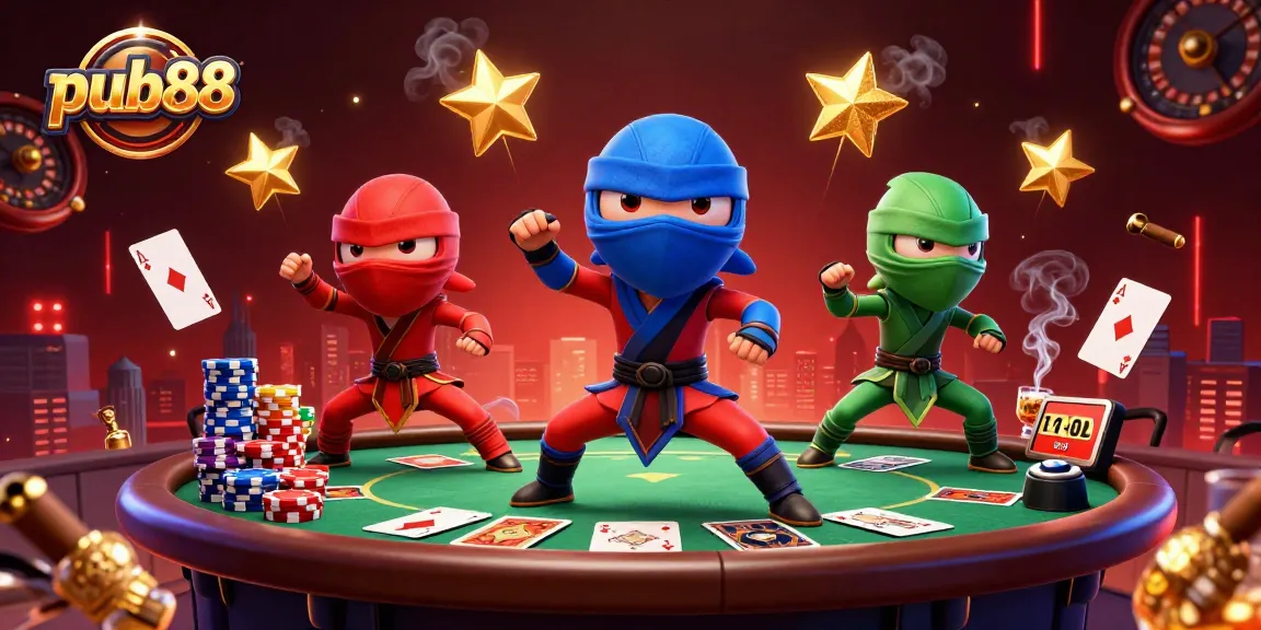 Engage in thrilling gameplay at pub88 with a vibrant illustration of ninja chameleons at a poker table.